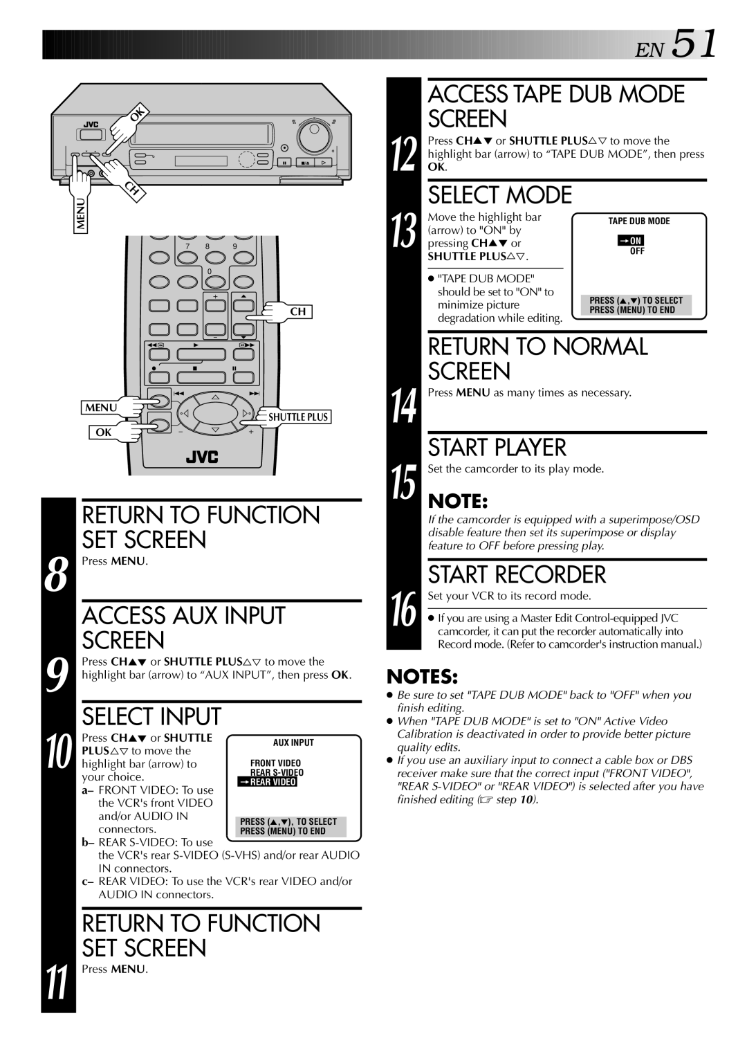 JVC HR-S5400U manual Return to Function, Access AUX Input, Tape DUB Mode 