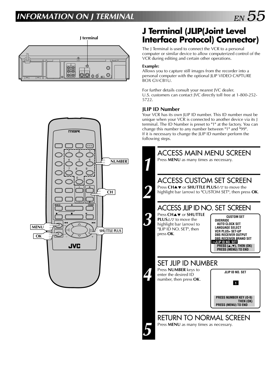 JVC HR-S5400U manual Information on J Terminal E N, Terminal JLIPJoint Level Interface Protocol Connector 