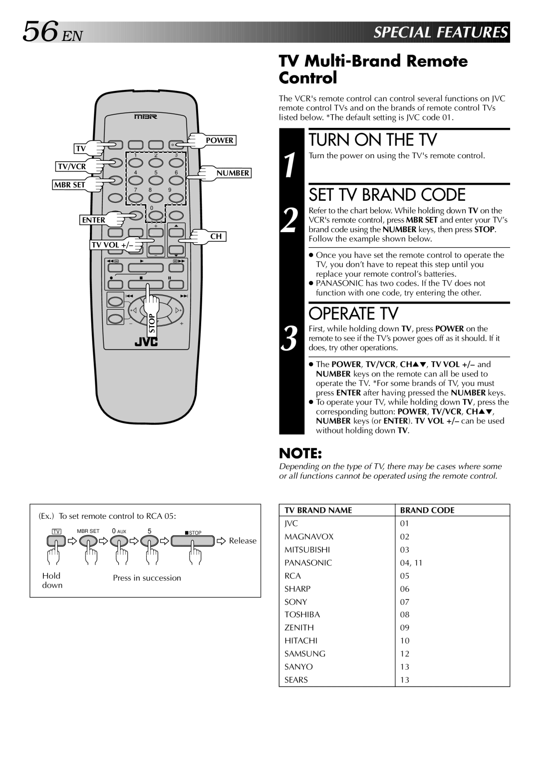 JVC HR-S5400U manual Turn on the TV, SET TV Brand Code, Operate TV, Special Feat Ures, TV Multi-Brand Remote Control 