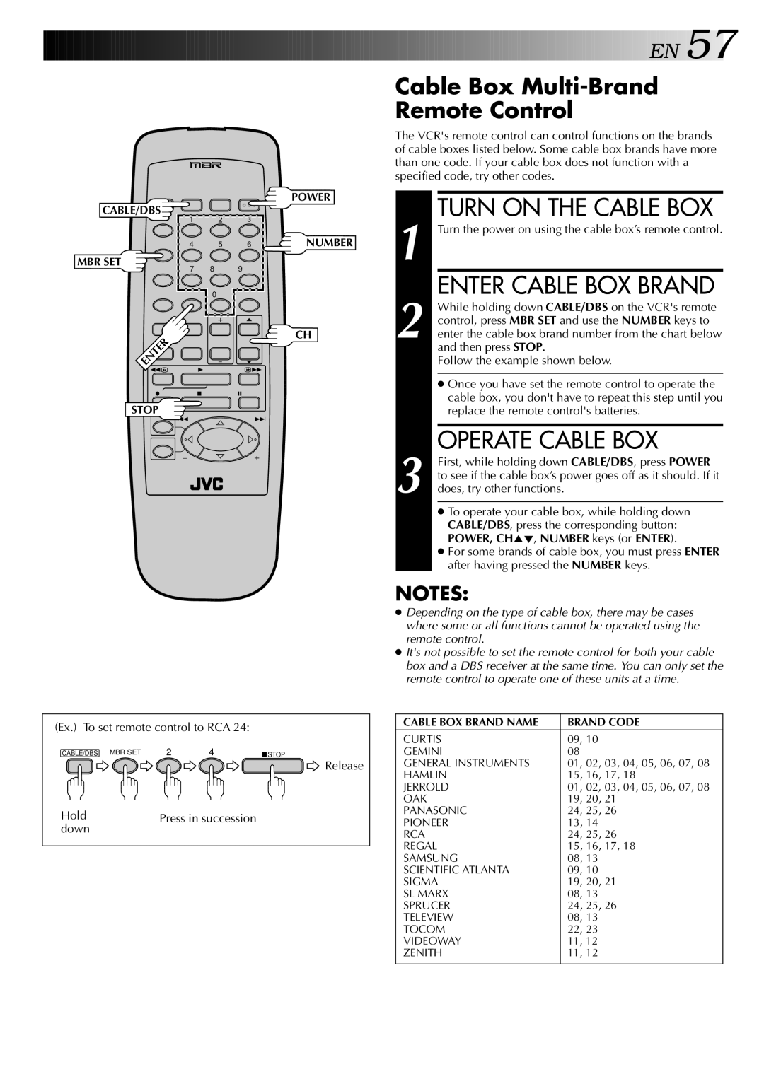 JVC HR-S5400U manual Turn on the Cable BOX, Enter Cable BOX Brand, Operate Cable BOX, Cable Box Multi-Brand Remote Control 