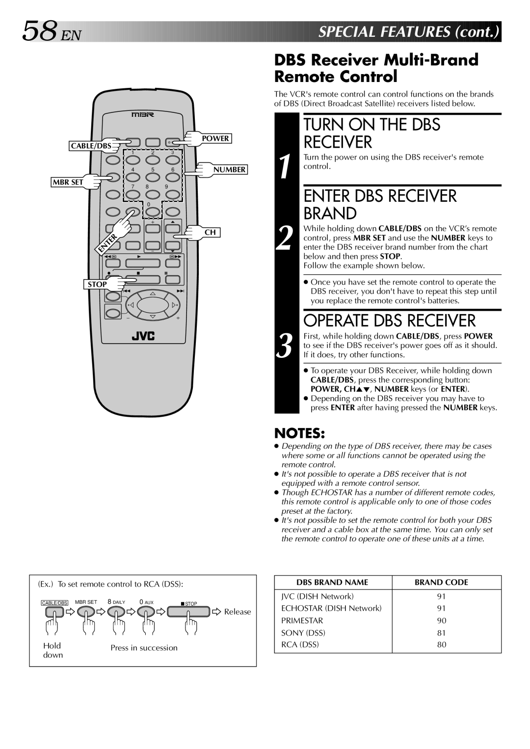 JVC HR-S5400U Turn on the DBS Receiver, Operate DBS Receiver, EN Special Features, DBS Receiver Multi-Brand Remote Control 