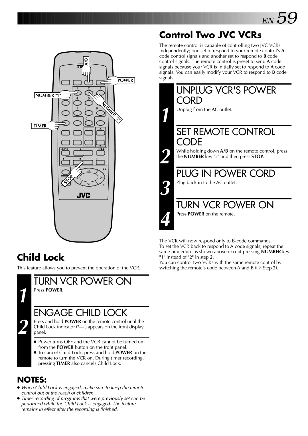 JVC HR-S5400U Unplug Vcrs Power, SET Remote Control, Code, Plug in Power Cord, Turn VCR Power on, Engage Child Lock 