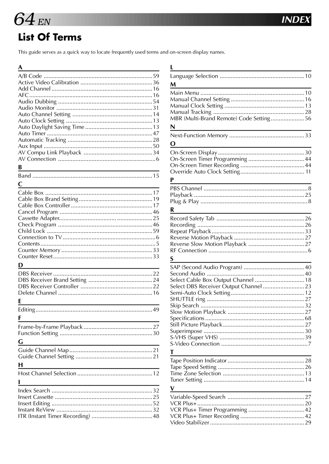 JVC HR-S5400U manual List Of Terms, Index, MBR Multi-Brand Remote Code Setting, Select DBS Receiver Output Channel 