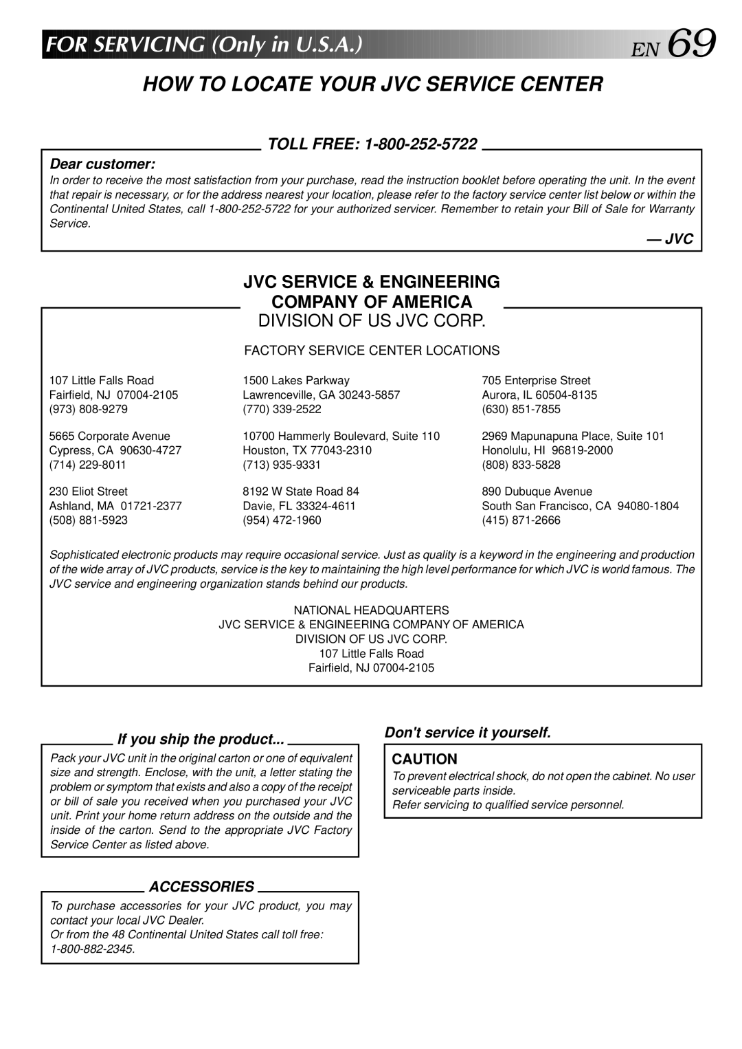 JVC HR-S5400U manual For Servicing Only in U.S.A. E N, HOW to Locate Your JVC Service Center 