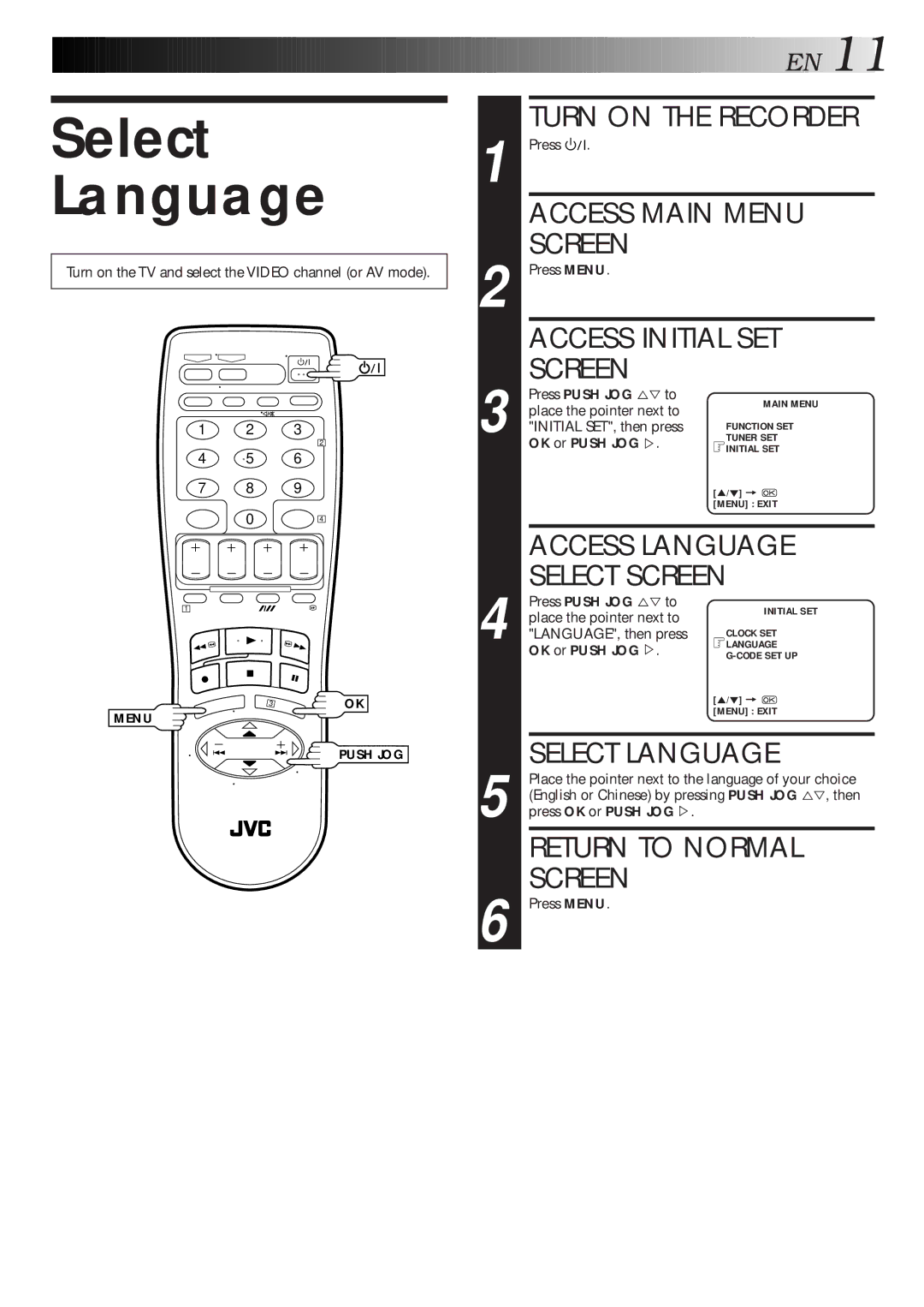 JVC HR-S5600AM specifications Select Language, Access Initial SET Screen 