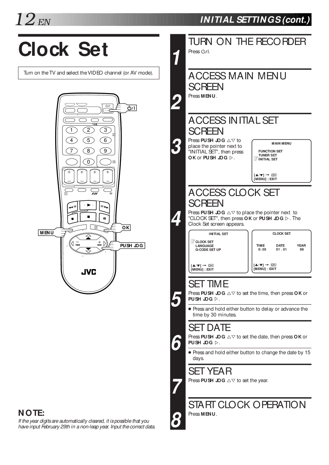 JVC HR-S5600AM Clock Set, Access Clock SET Screen, SET Time, Start Clock Operation, Press Push JOG %Þ to set the year 