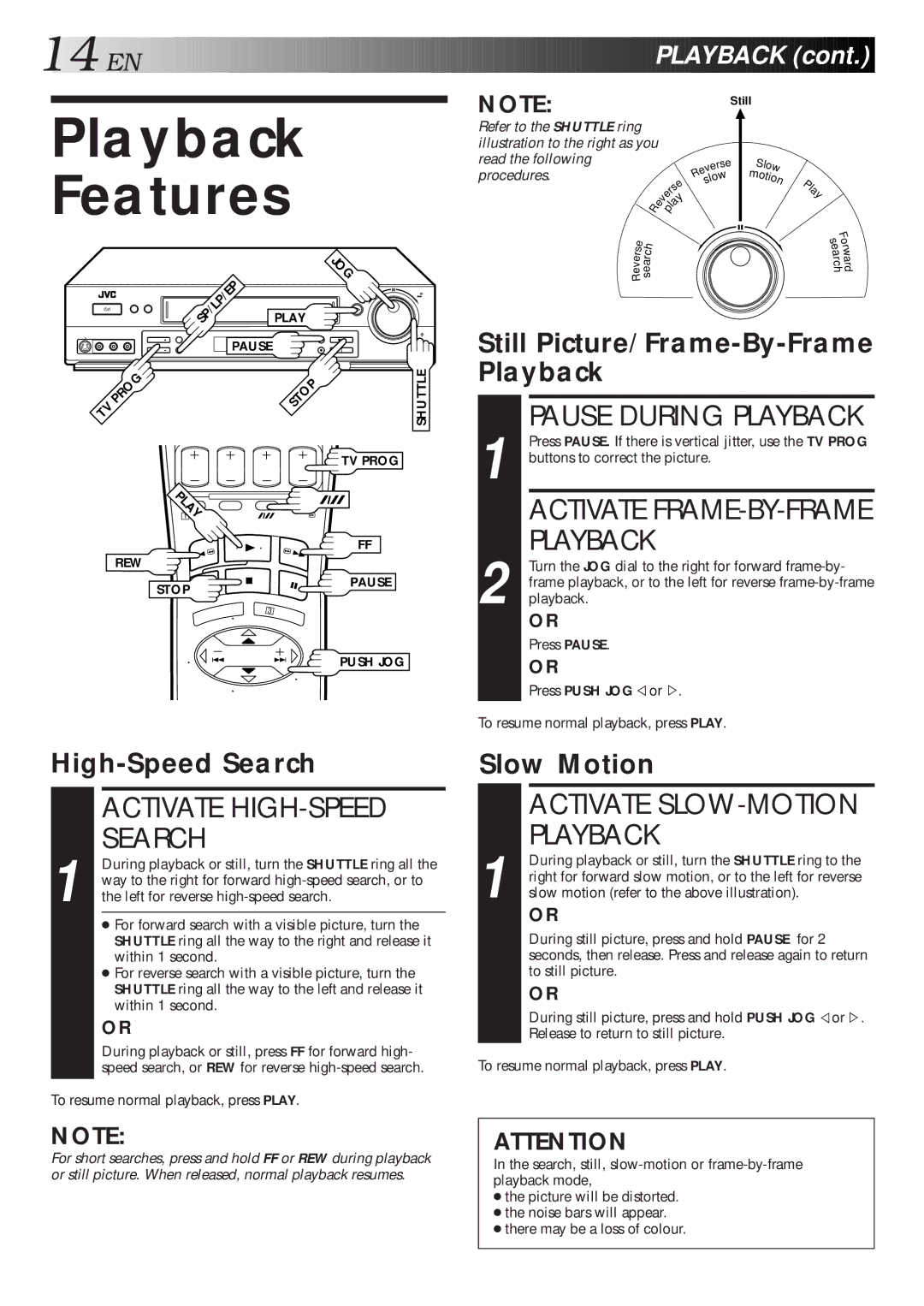 JVC HR-S5600AM specifications Playback Features, Activate HIGH-SPEED Search, High-Speed Search, Slow Motion 