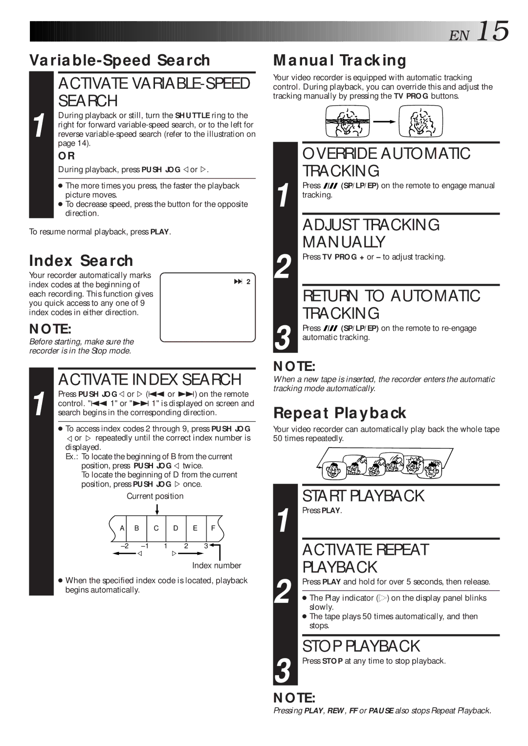 JVC HR-S5600AM Activate Index Search, Override Automatic Tracking, Adjust Tracking Manually, Return to Automatic Tracking 