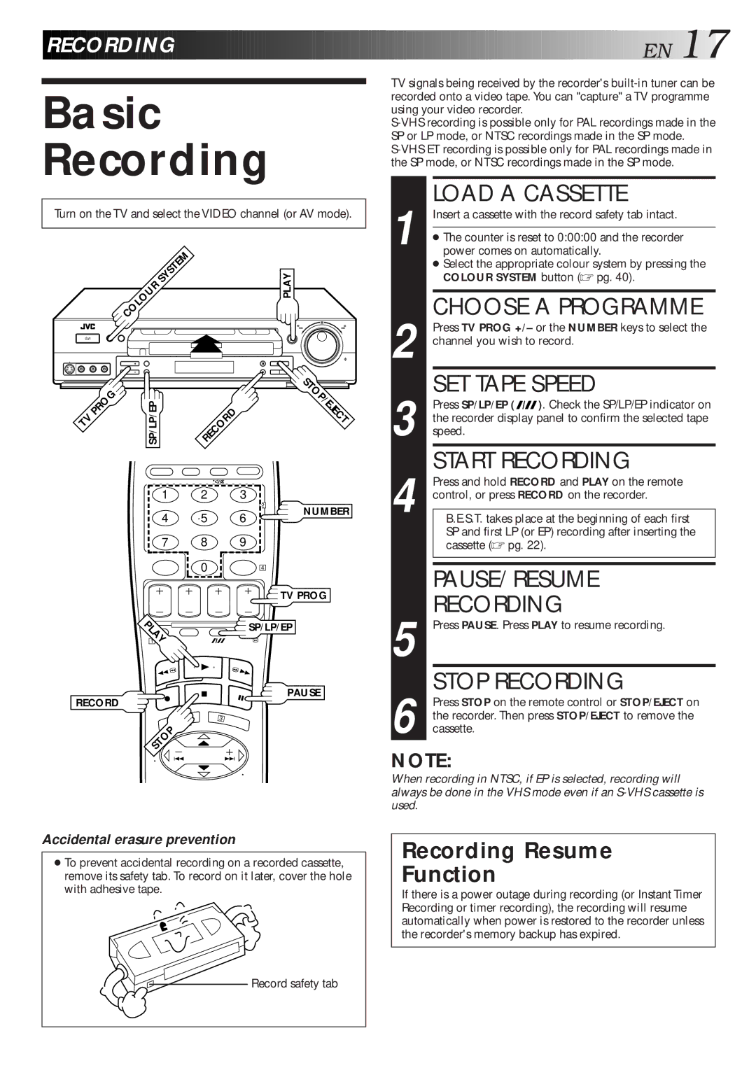 JVC HR-S5600AM specifications Basic Recording 