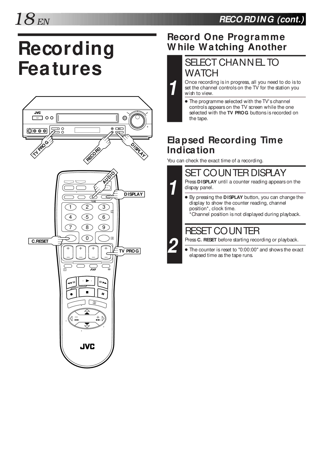 JVC HR-S5600AM specifications Recording Features, Select Channel to Watch, SET Counter Display, EN Recording 