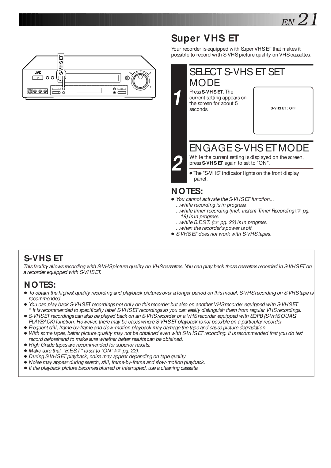 JVC HR-S5600AM specifications Select S-VHS ET SET Mode, Engage S-VHS ET Mode, Super VHS ET, Seconds 