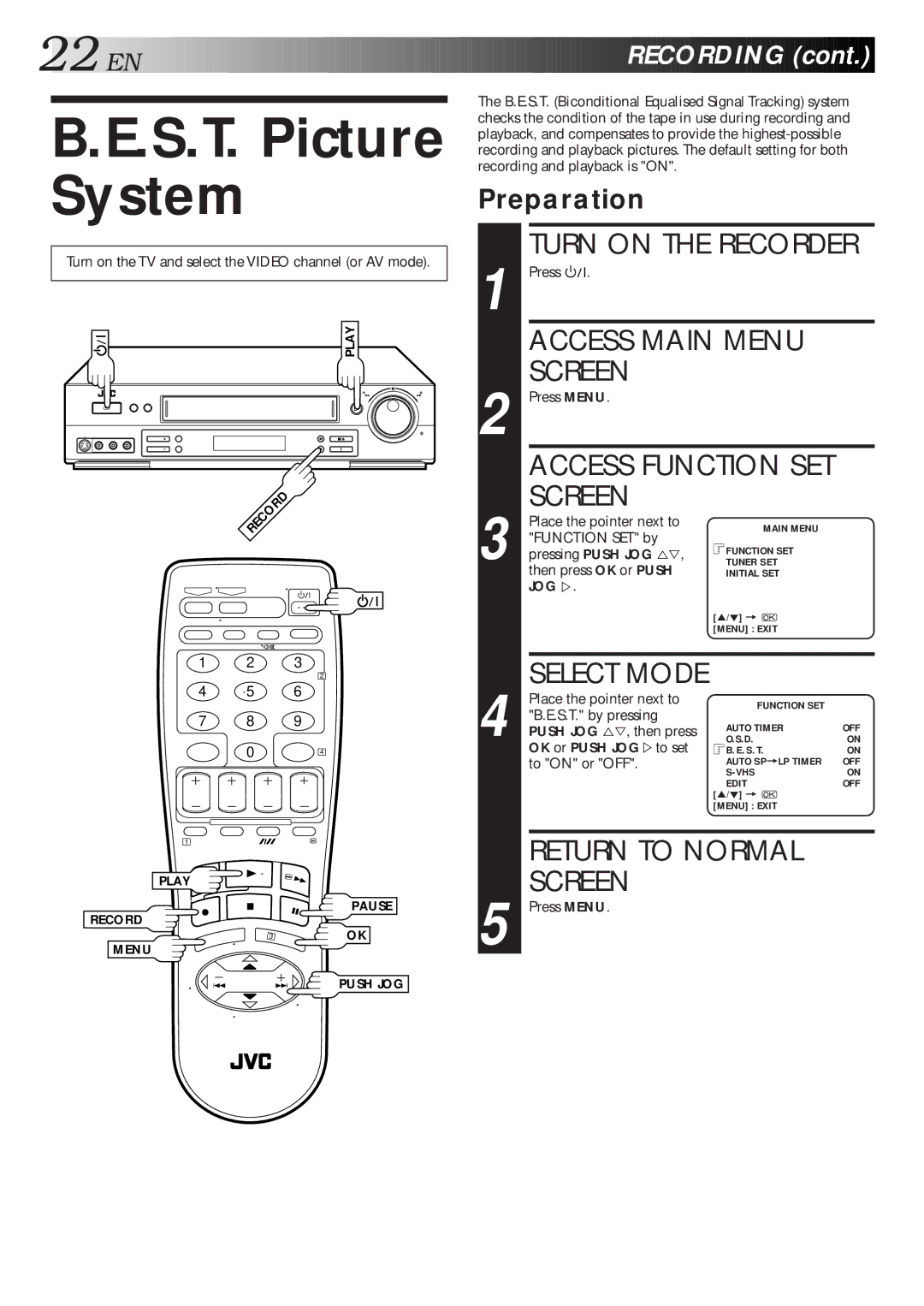 JVC HR-S5600AM specifications S.T. Picture System, Access Main Menu Screen, Return to Normal Screen, Preparation 