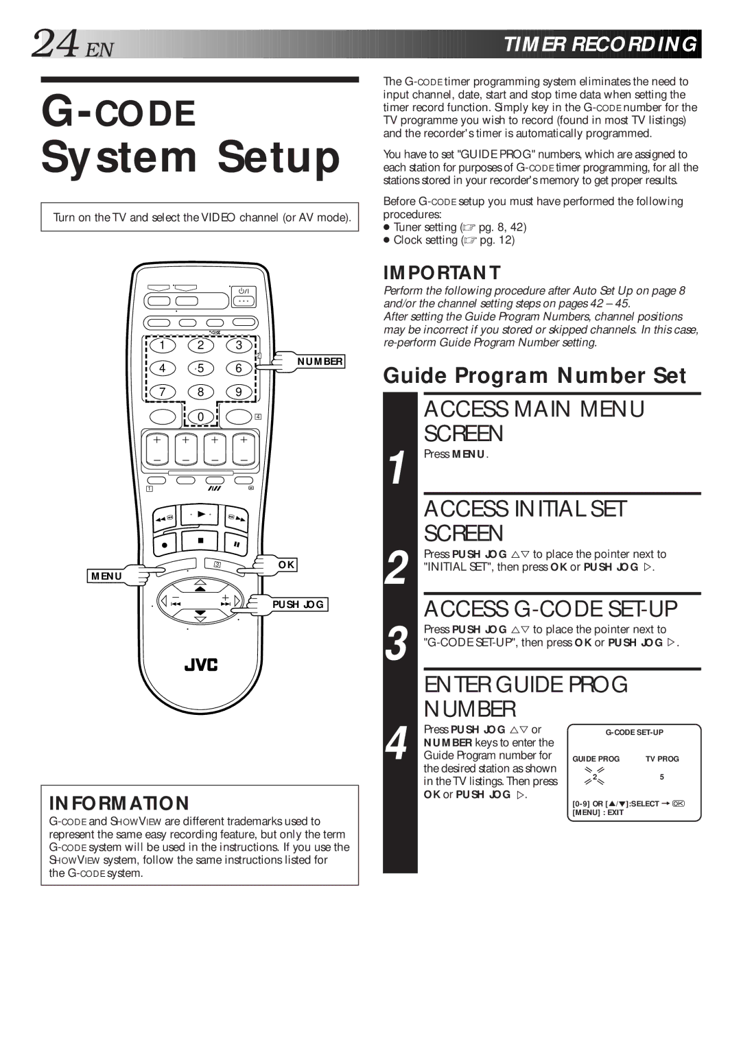 JVC HR-S5600AM specifications System Setup, Access G-CODE SET-UP, EN Timer Recording, Guide Program Number Set 