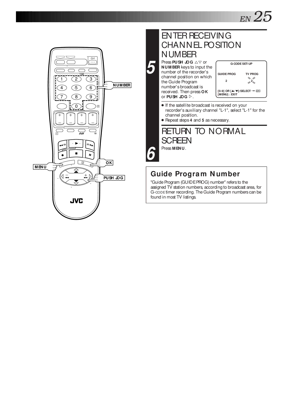 JVC HR-S5600AM Enter Receiving Channel Position Number, Number keys to input Number of the recorders, Or Push JOG% 