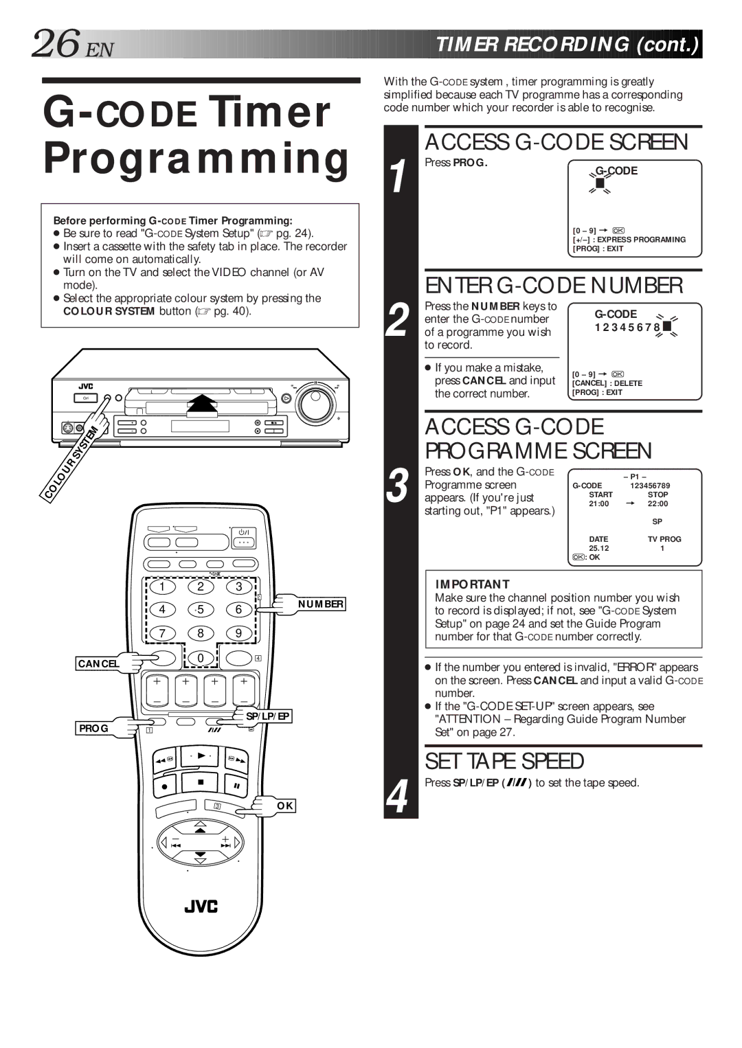 JVC HR-S5600AM CODETimer Programming, Access G-CODE Screen, Enter G-CODE Number, Access G-CODE Programme Screen 