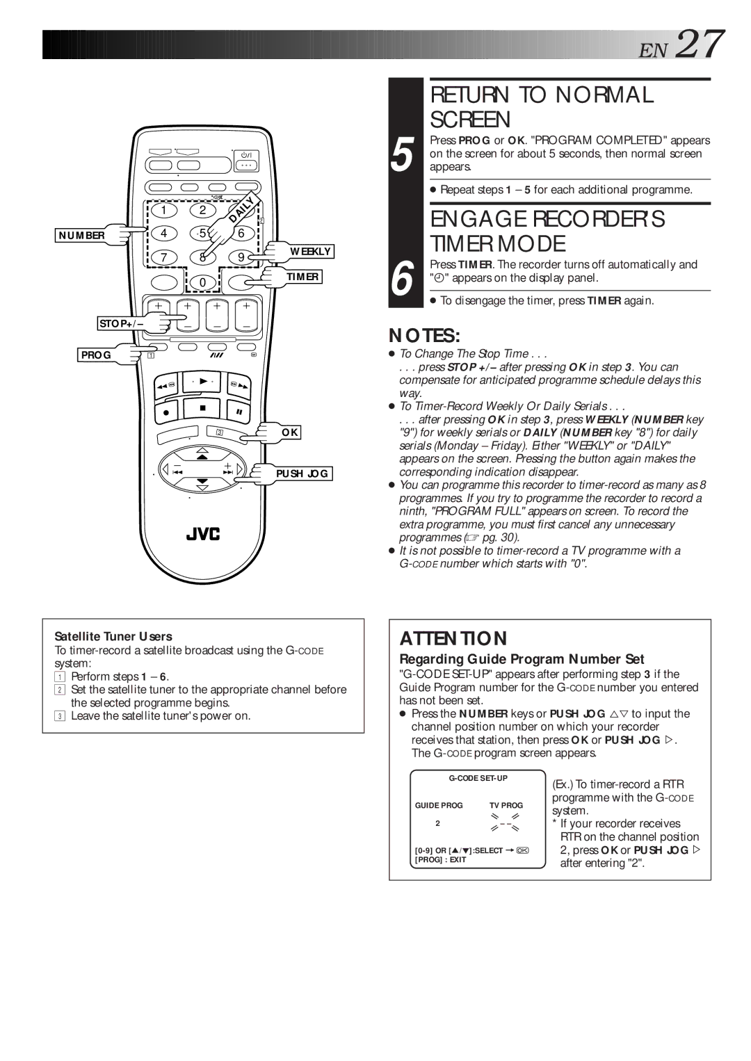 JVC HR-S5600AM specifications Return to Normal, Engage Recorders, Timer Mode 