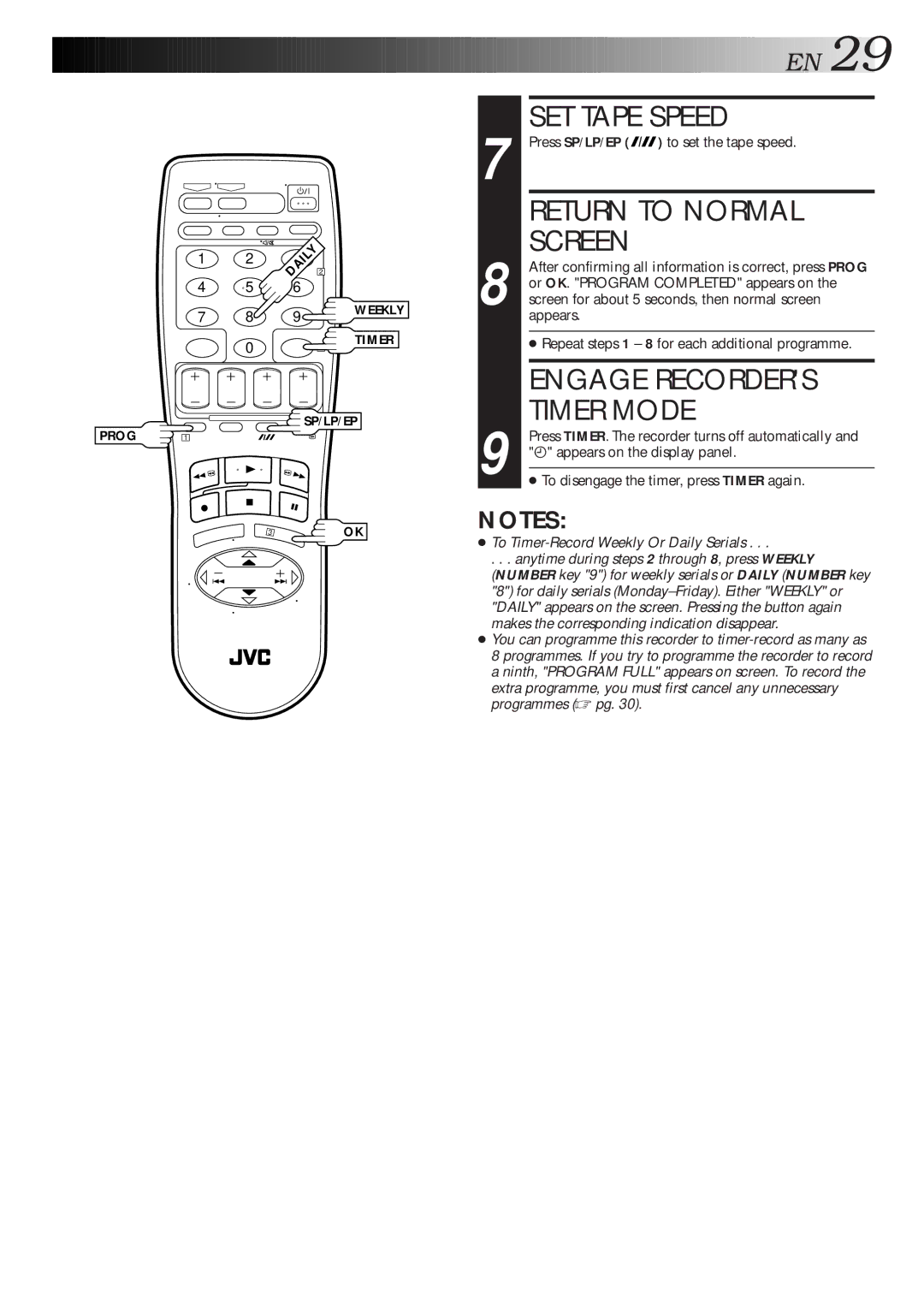 JVC HR-S5600AM specifications Or OK. Program Completed appears on, Screen for about 5 seconds, then normal screen 