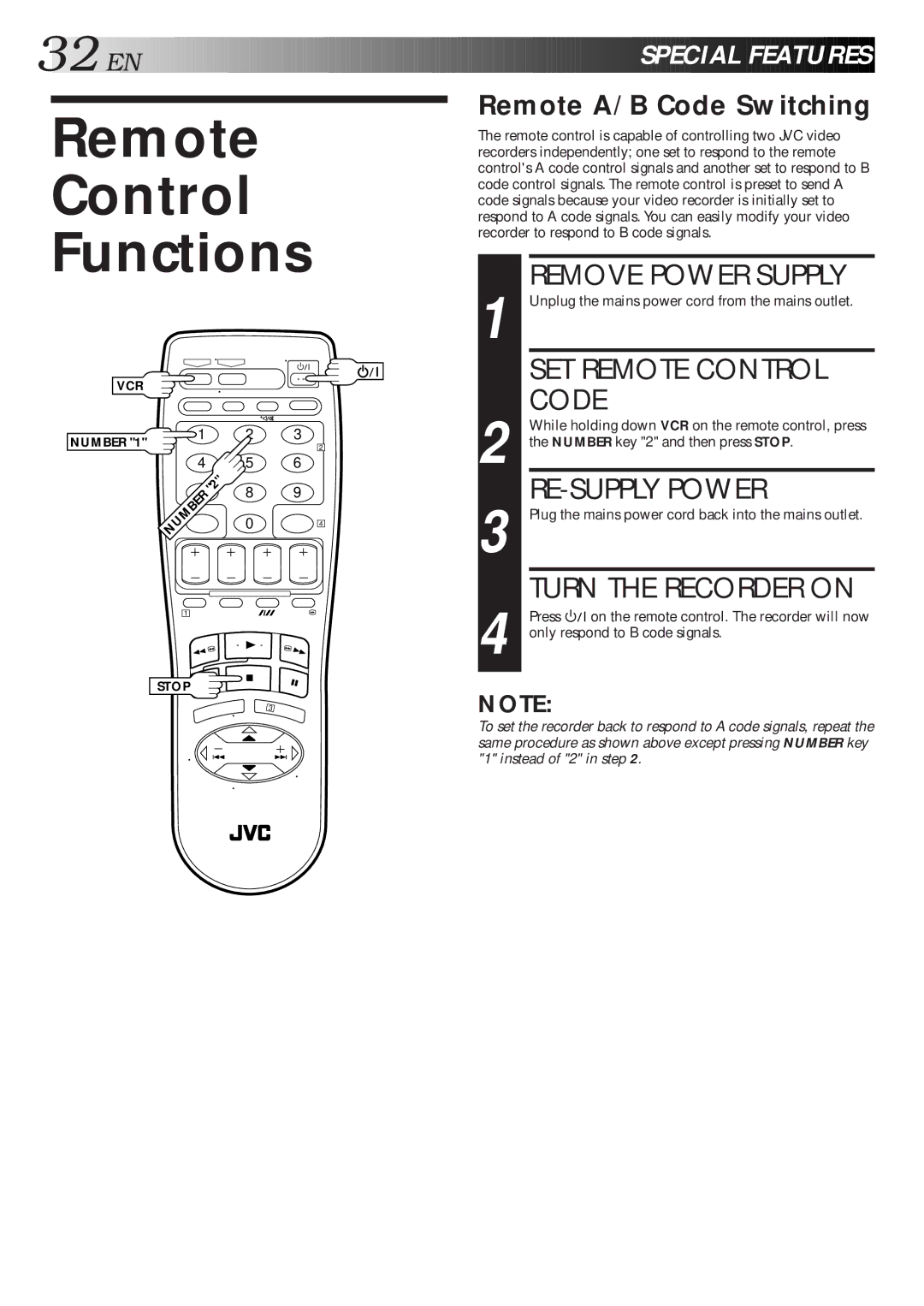 JVC HR-S5600AM specifications Remote Control Functions, Remove Power Supply, SET Remote Control Code, RE-SUPPLY Power 