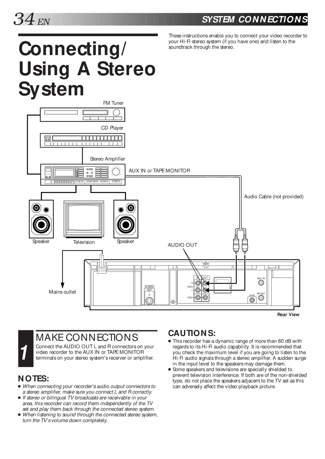 JVC HR-S5600AM specifications Connecting Using a Stereo System, Make Connections, EN System Connections, Rear View 