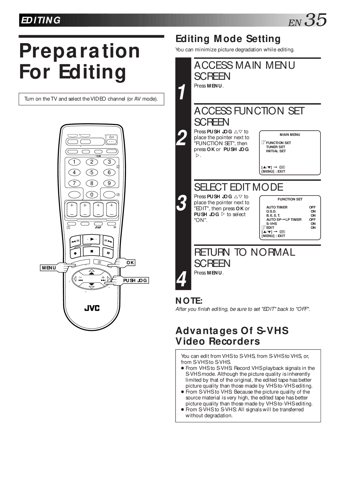 JVC HR-S5600AM specifications Preparation For Editing, Select Edit Mode, Editin G, Editing Mode Setting 