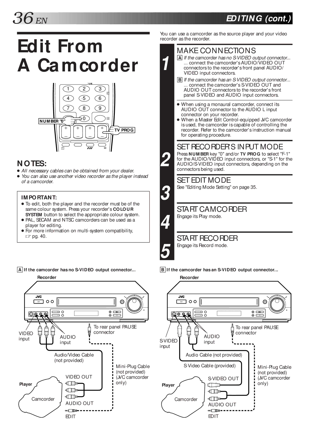 JVC HR-S5600AM specifications Edit From Camcorder, Editing, Player 