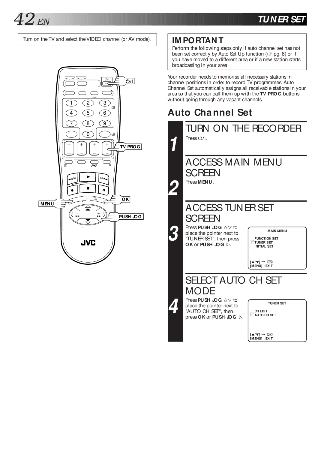 JVC HR-S5600AM specifications Access Tuner SET, Select Auto CH SET, Mode, Auto Channel Set 