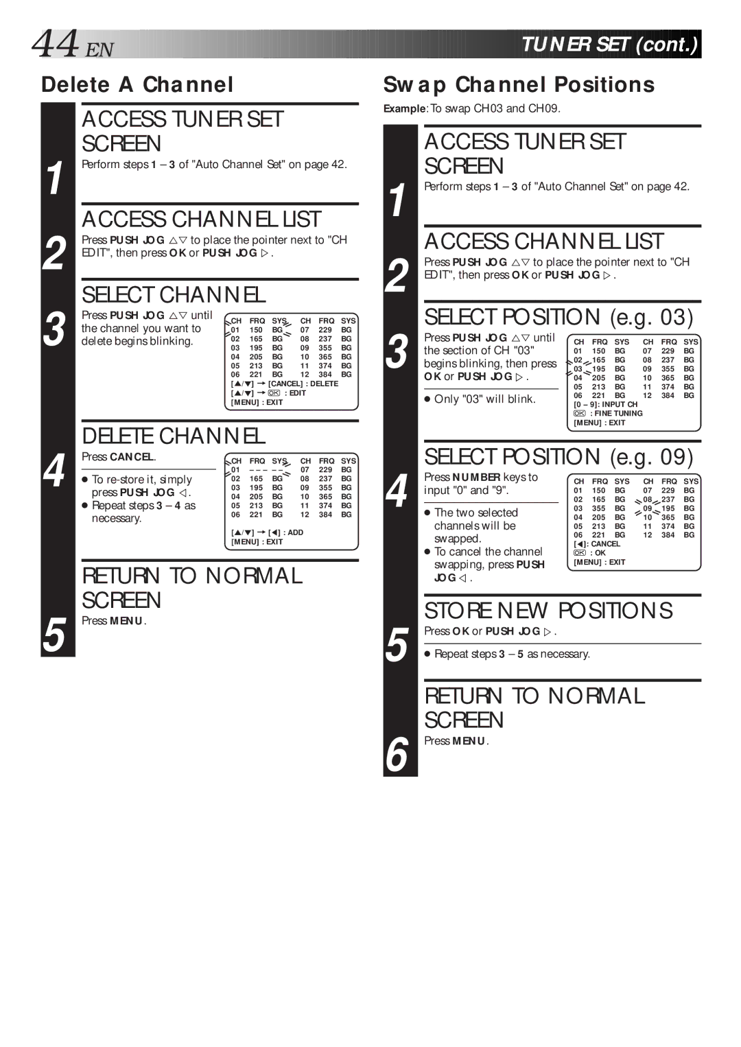 JVC HR-S5600AM specifications Access Channel List, EN Tuner SET, Delete a Channel, Swap Channel Positions 