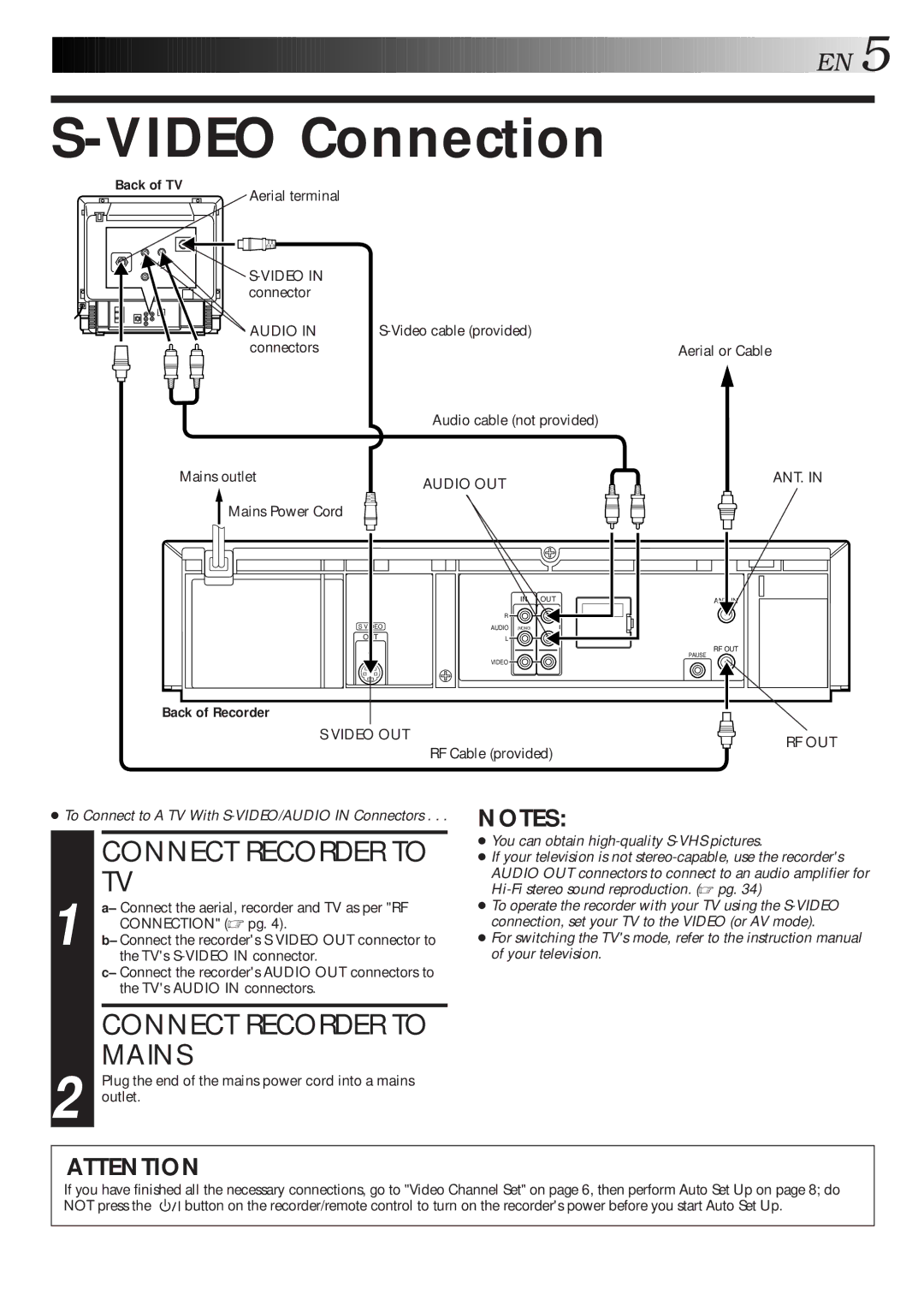 JVC HR-S5600AM specifications Video Connection, Connect Recorder to TV, Connect Recorder to Mains, Back of Recorder 