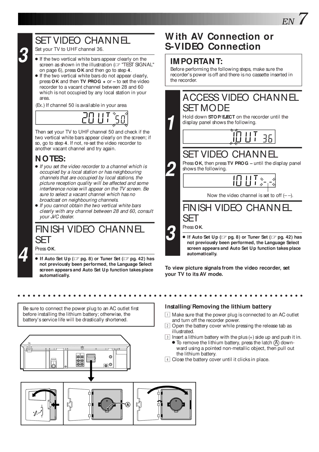 JVC HR-S5600AM specifications SET Video Channel, Finish Video Channel SET, Set, With AV Connection or Video Connection 