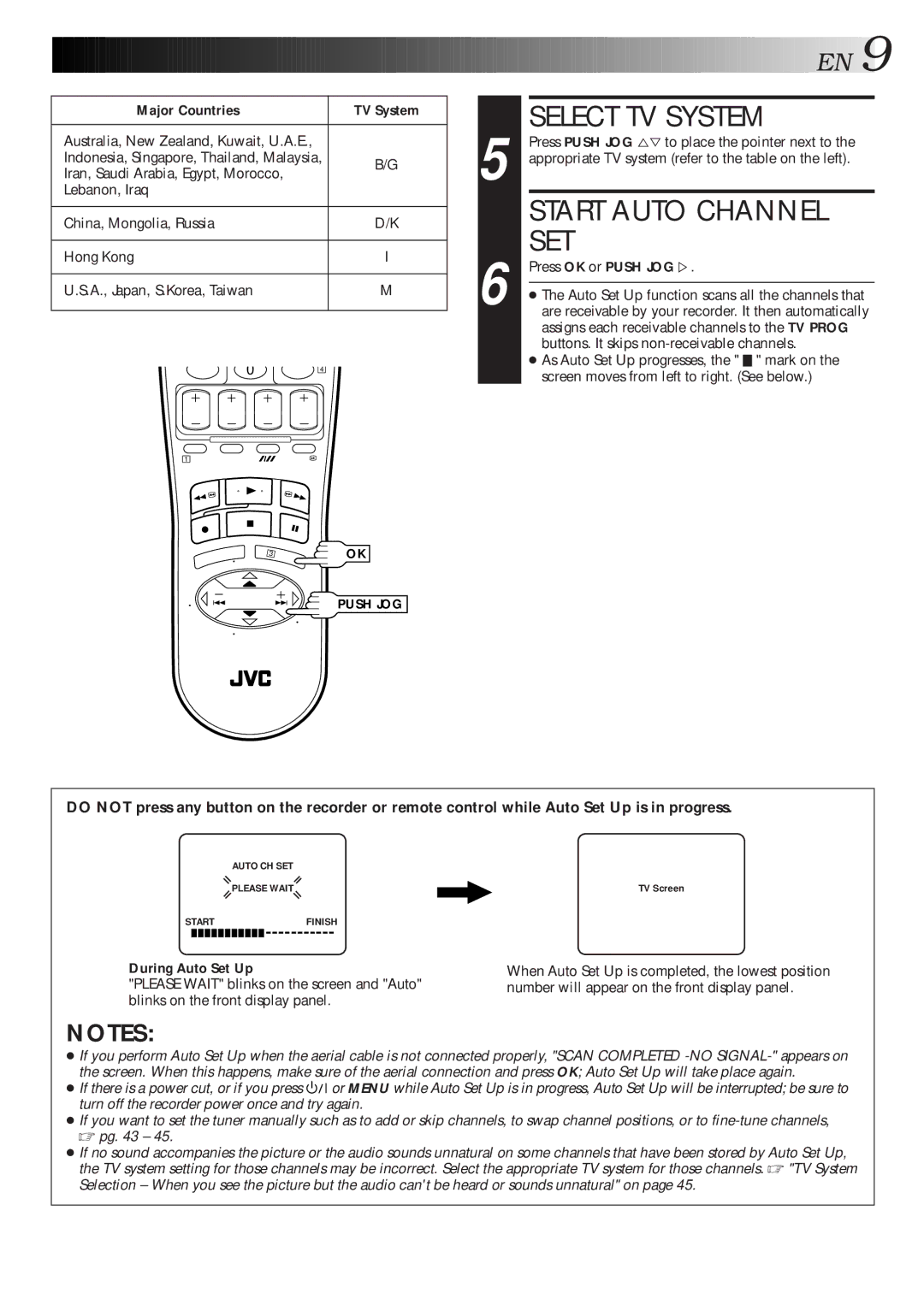 JVC HR-S5600AM specifications Start Auto Channel SET, Major Countries TV System, Press OK or Push JOG Þ, During Auto Set Up 