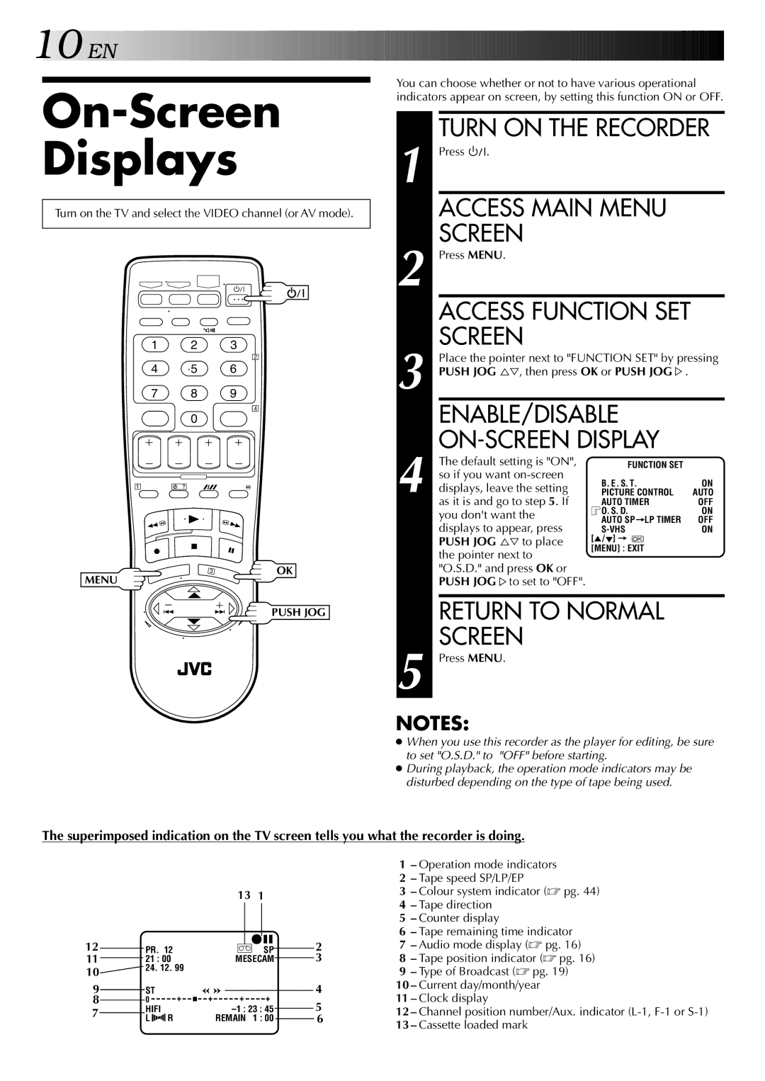 JVC HR-S5700AM On-Screen Displays, Turn on the Recorder, Access Main Menu Screen, ENABLE/DISABLE ON-SCREEN Display 