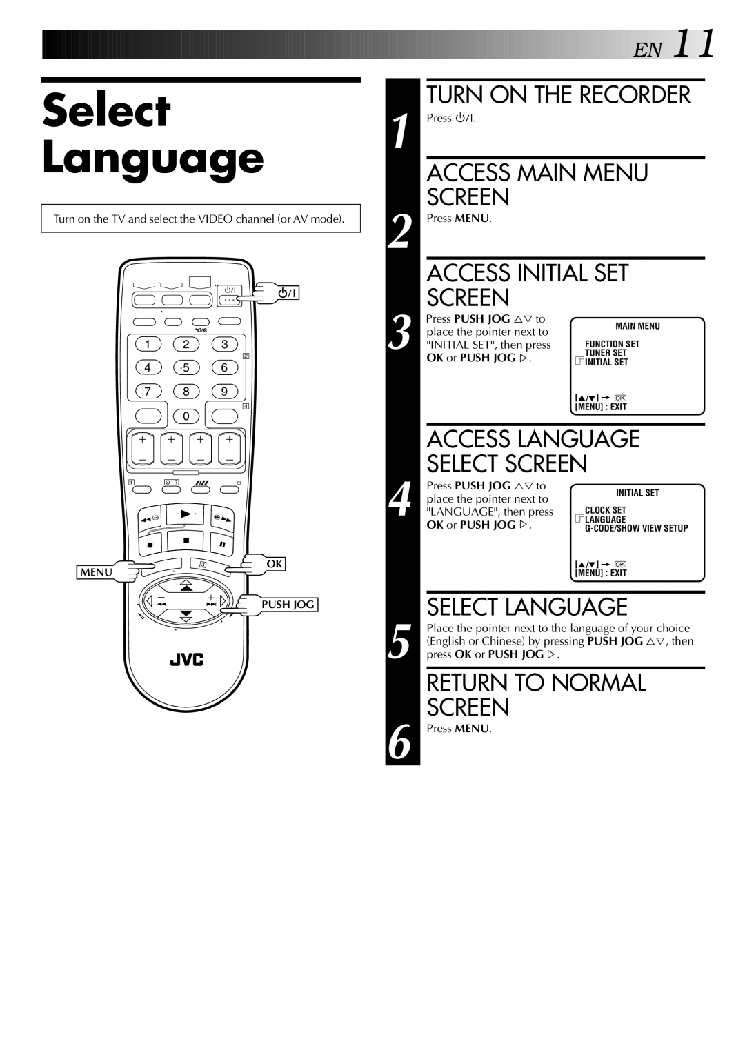 JVC LPT0428-001A, HR-S5700AM specifications Select Language, Access Initial SET Screen 