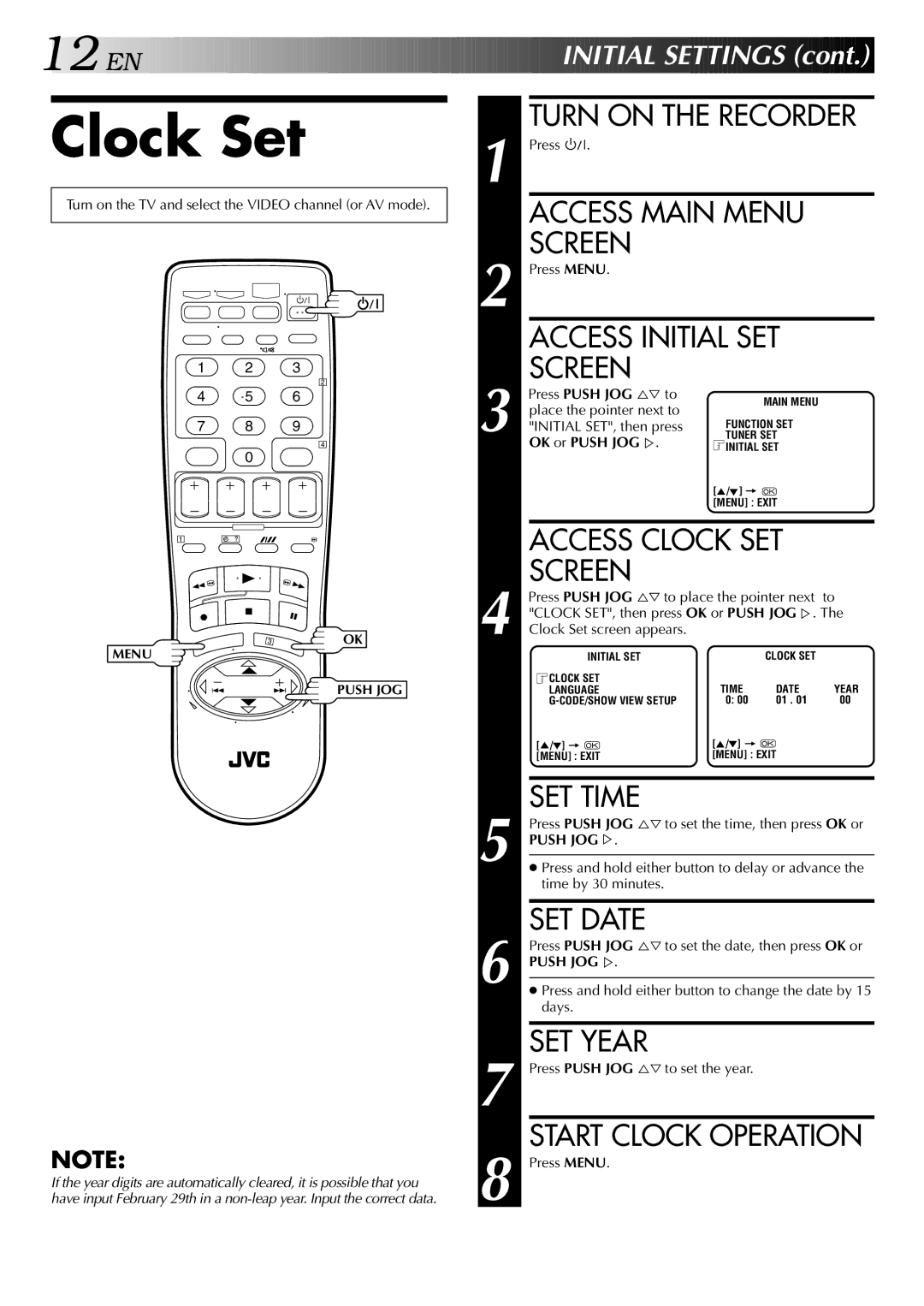 JVC HR-S5700AM, LPT0428-001A Clock Set, Access Clock SET Screen, Start Clock Operation, Press Push JOG %ﬁ to set the year 