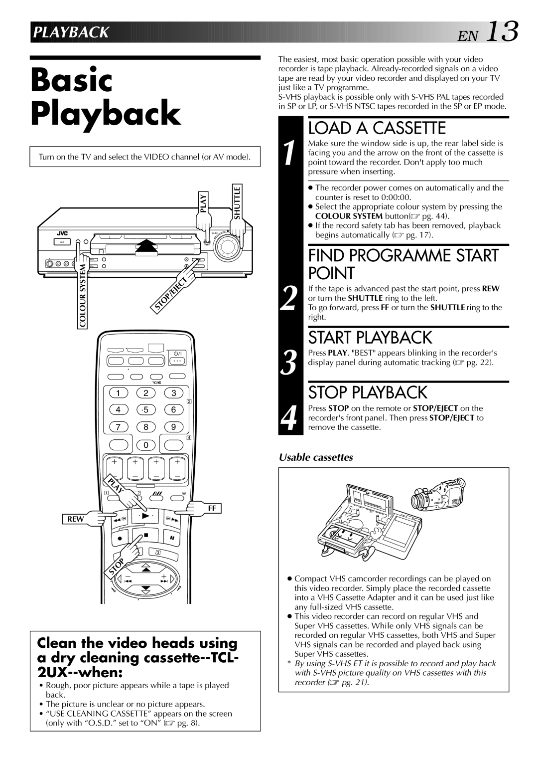 JVC LPT0428-001A, HR-S5700AM specifications Basic Playback, Load a Cassette, Point, Start Playback, Stop Playback 