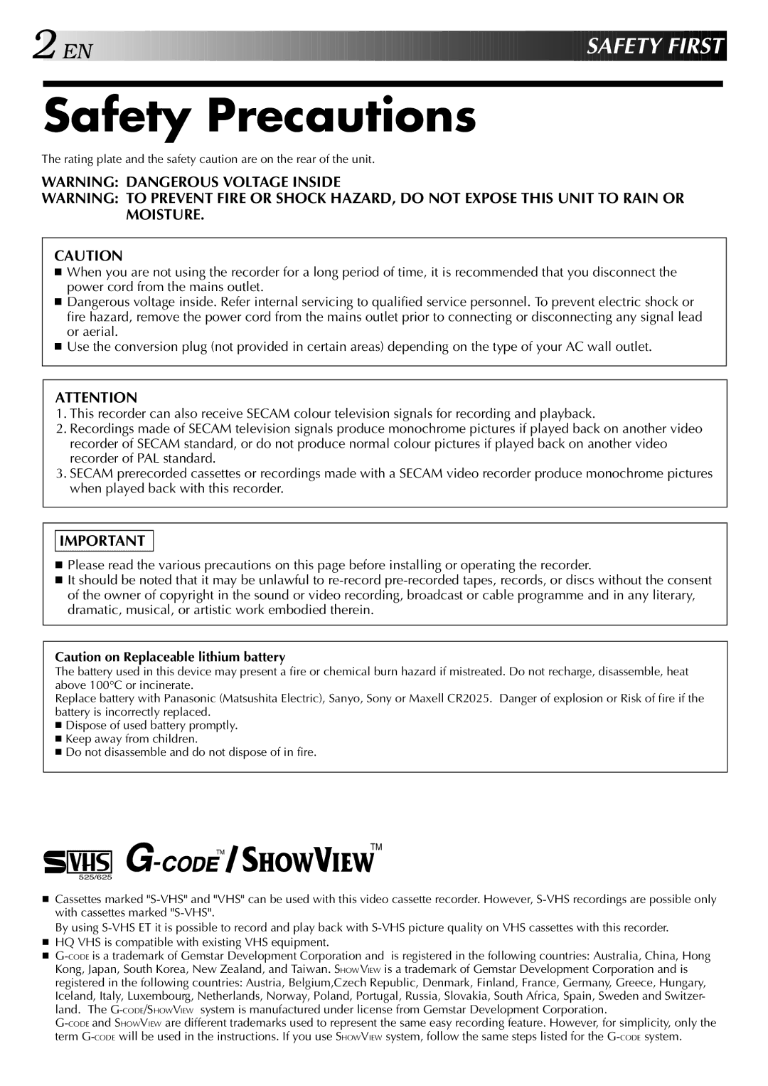 JVC HR-S5700AM, LPT0428-001A specifications Safety Precautions 