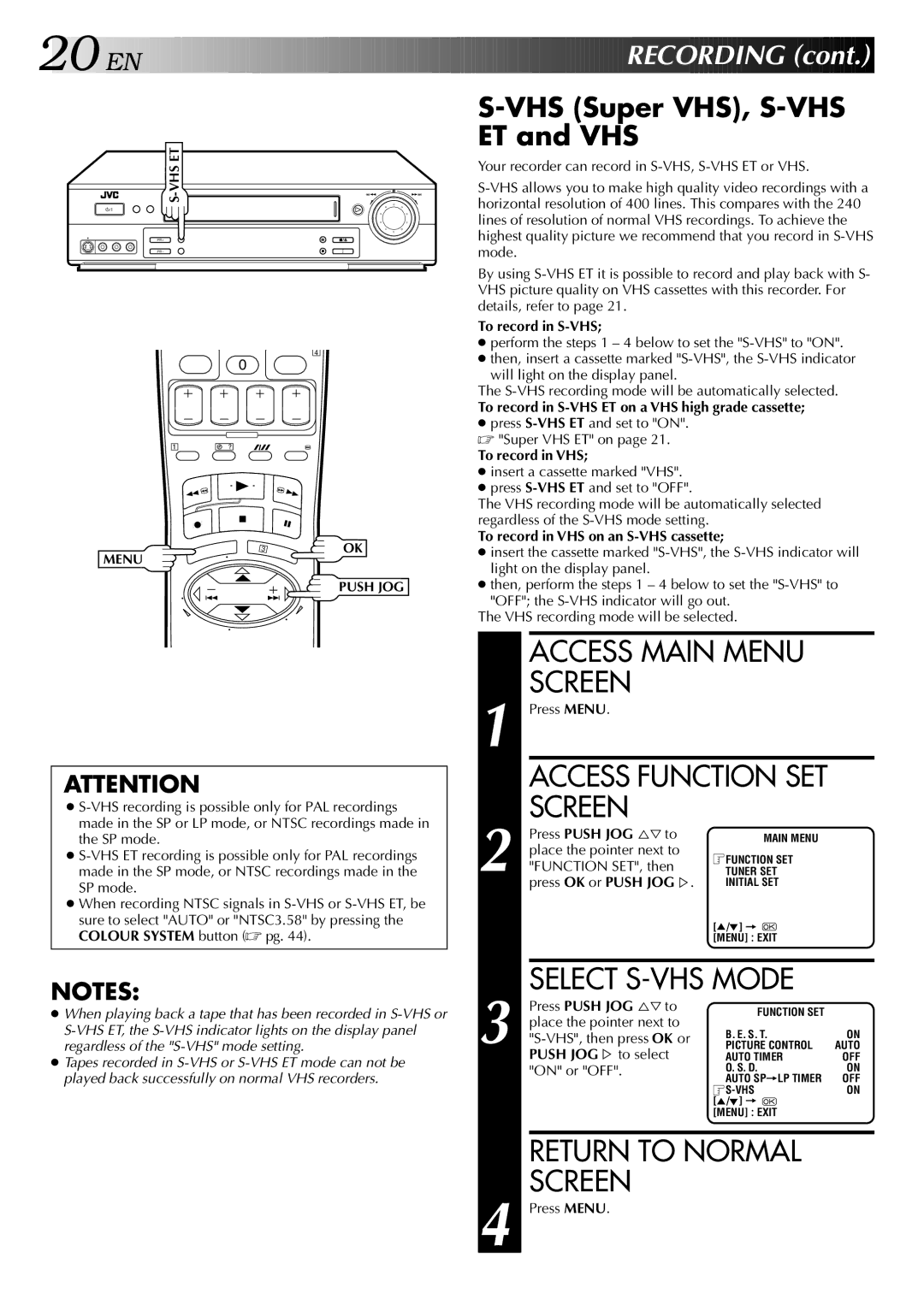 JVC HR-S5700AM, LPT0428-001A specifications Access Function SET Screen, Select S-VHS Mode, VHS Super VHS, S-VHS ET and VHS 