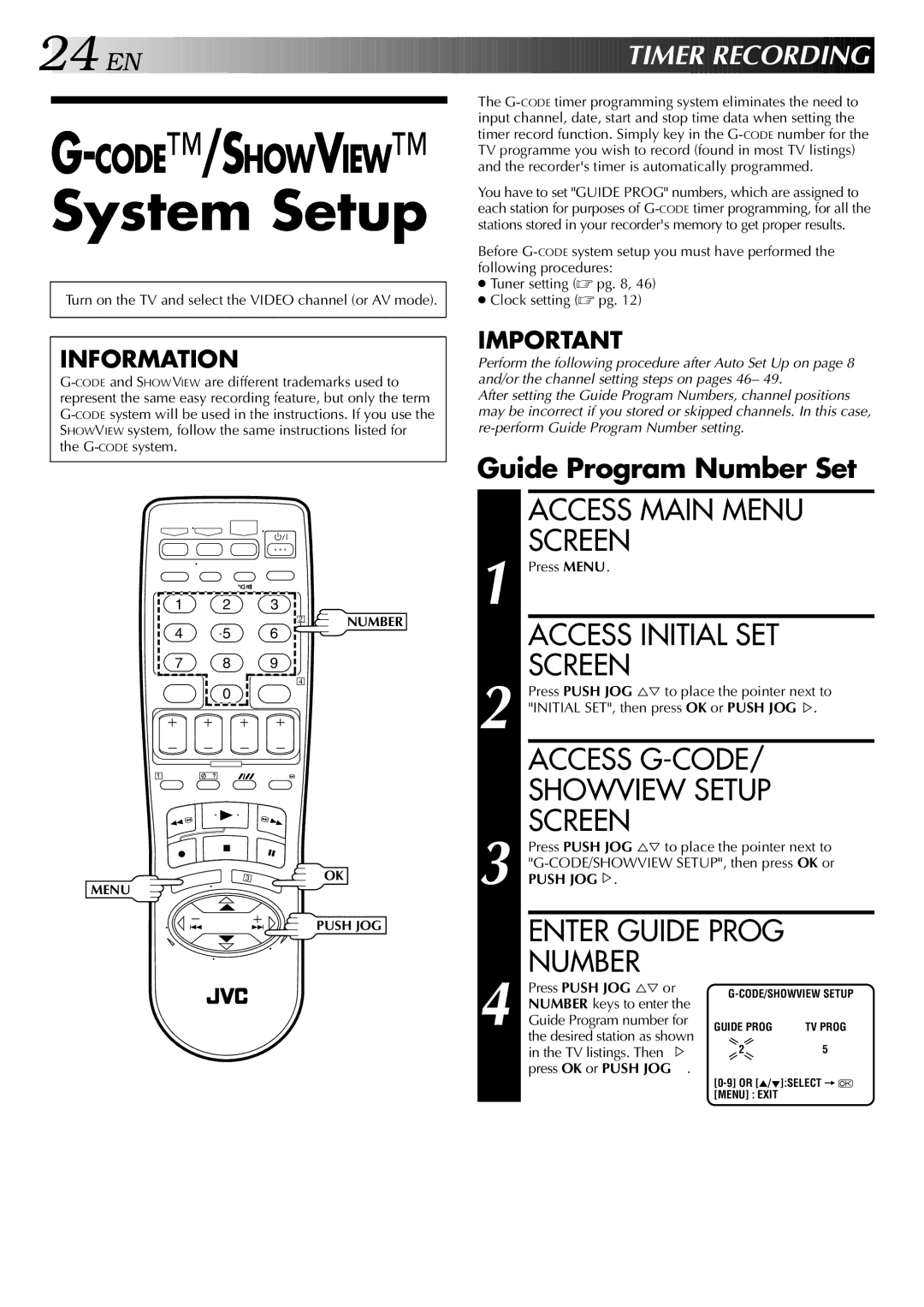 JVC HR-S5700AM System Setup, Access G-CODE Showview Setup Screen, EN Timer Recording, Guide Program Number Set 