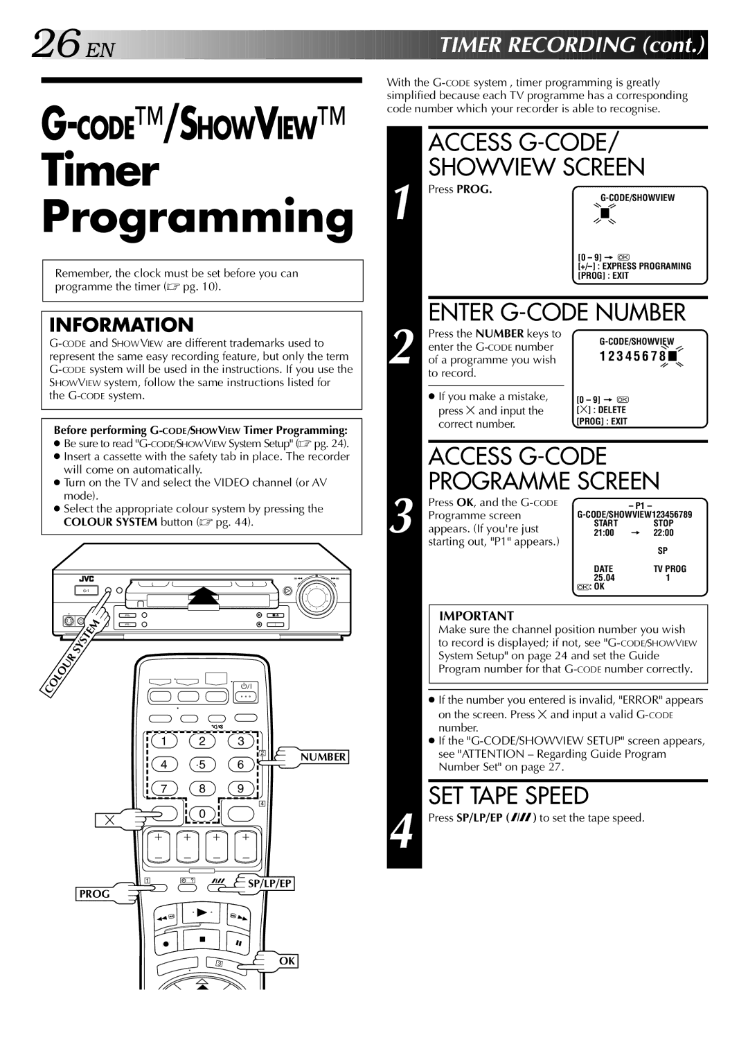 JVC HR-S5700AM Timer Programming, Access G-CODE Showview Screen, Enter G-CODE Number, Access G-CODE Programme Screen 