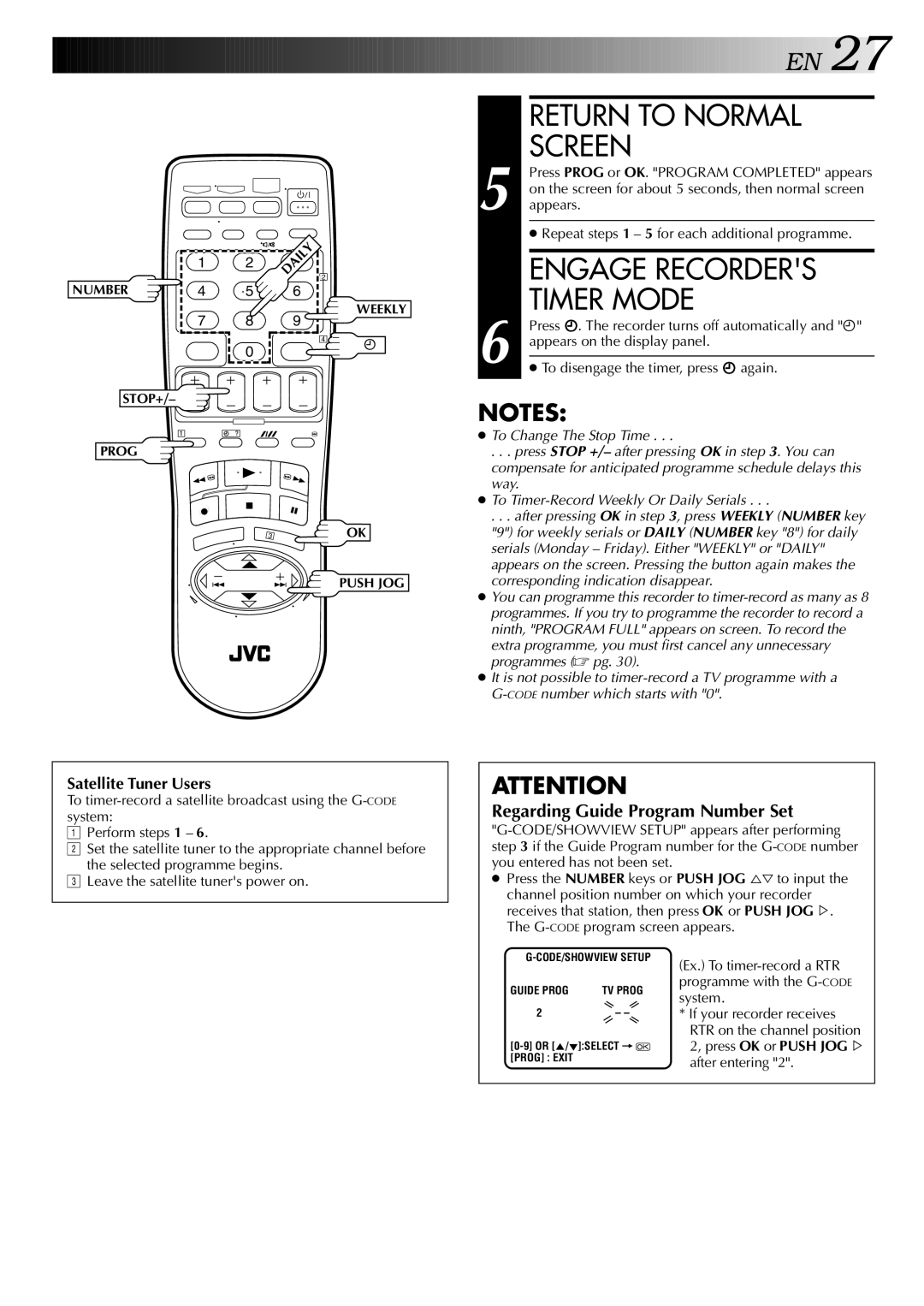 JVC LPT0428-001A, HR-S5700AM specifications Return to Normal, Engage Recorders, Timer Mode 