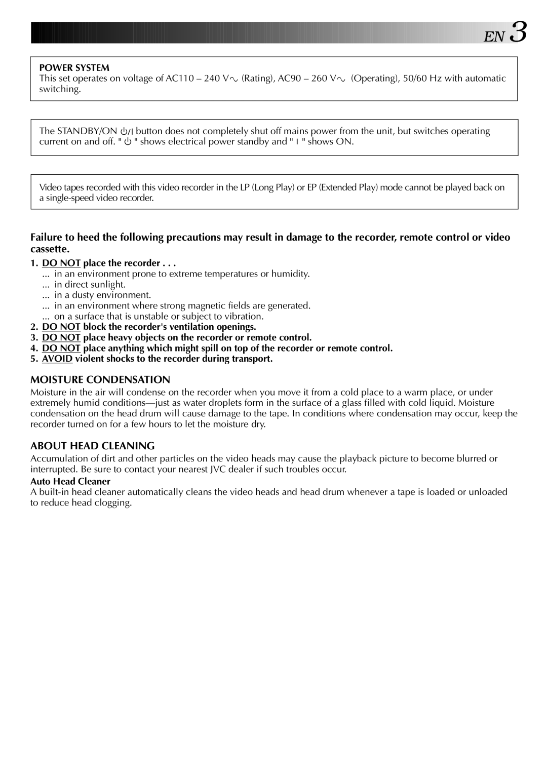 JVC LPT0428-001A, HR-S5700AM specifications Moisture Condensation 