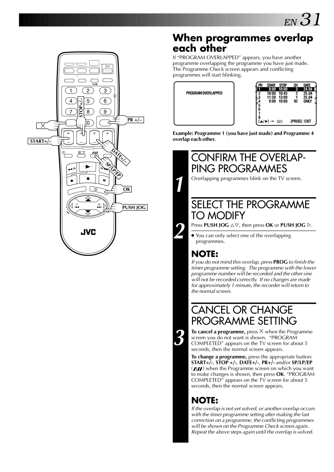 JVC LPT0428-001A, HR-S5700AM Confirm the Overlap, Ping Programmes, Select the Programme, To Modify, Cancel or Change 