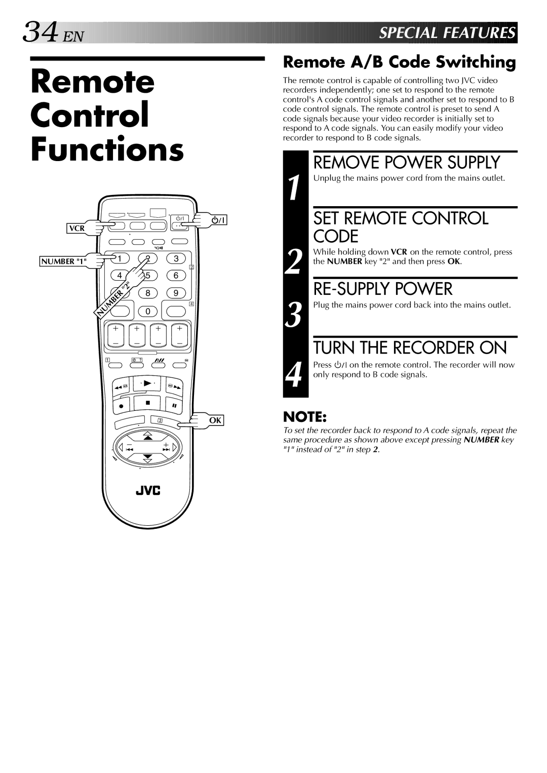 JVC HR-S5700AM, LPT0428-001A Remote Control Functions, Remove Power Supply, SET Remote Control Code, RE-SUPPLY Power 