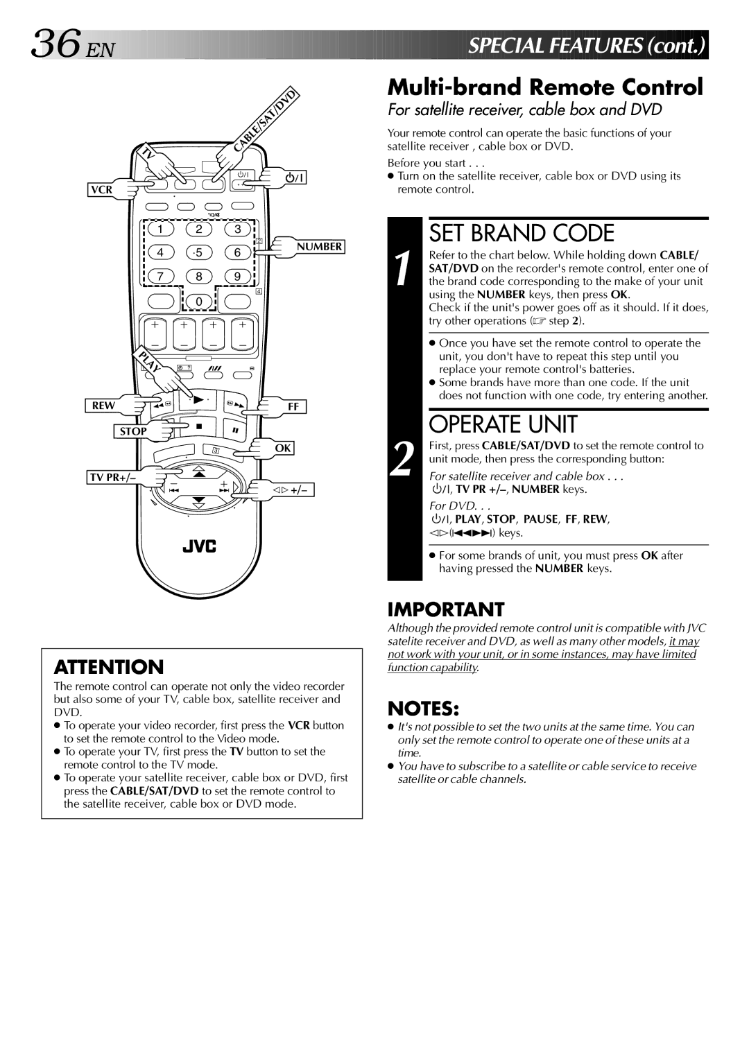 JVC HR-S5700AM, LPT0428-001A specifications SET Brand Code, Operate Unit, Multi-brand Remote Control, TV PR +/-,NUMBER keys 