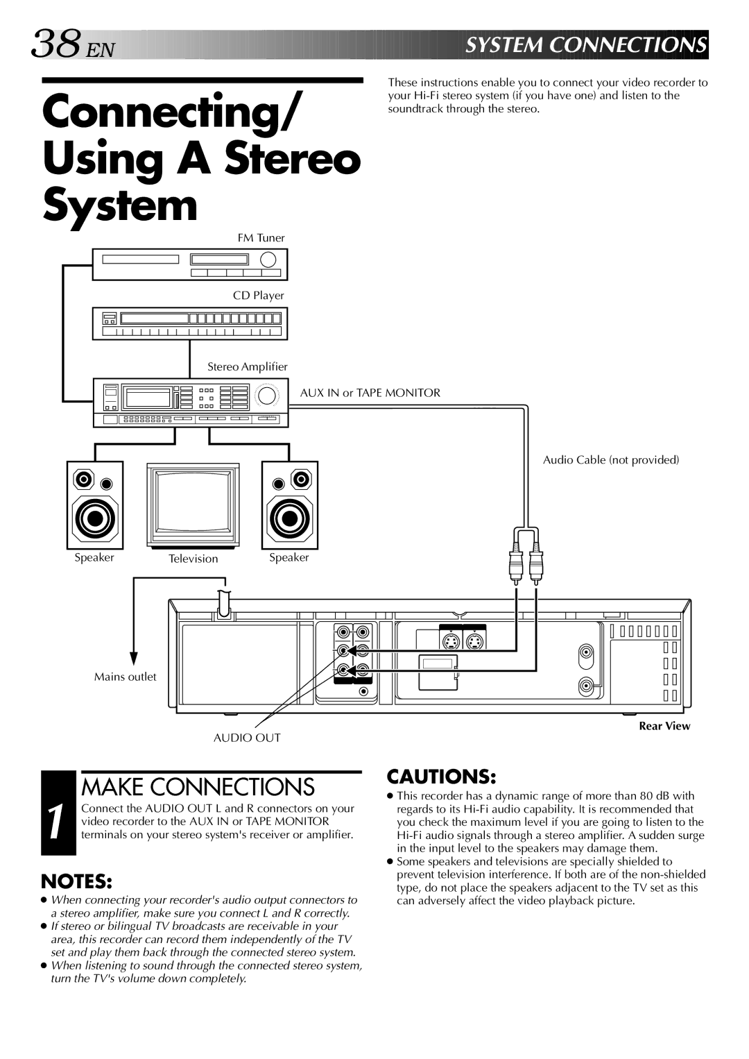 JVC HR-S5700AM, LPT0428-001A Connecting Using a Stereo System, Make Connections, AUX in or Tape Monitor Speaker, Rear View 