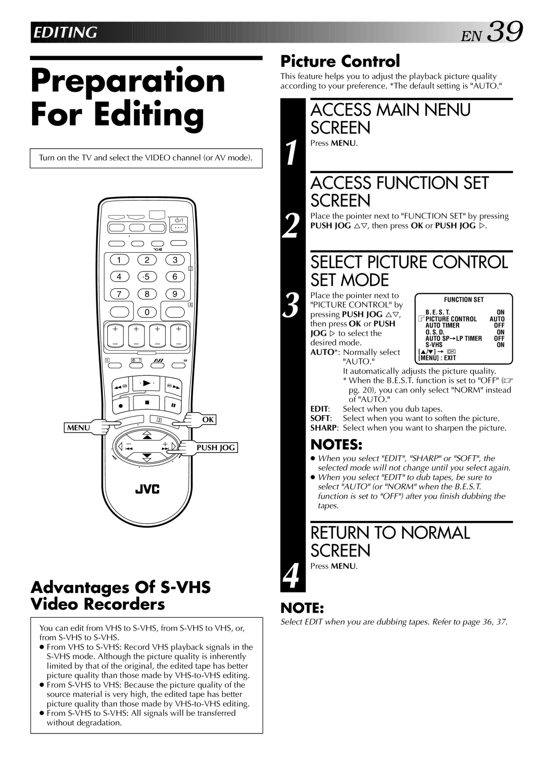 JVC LPT0428-001A, HR-S5700AM specifications Preparation For Editing, Access Main Nenu Screen, SET Mode 