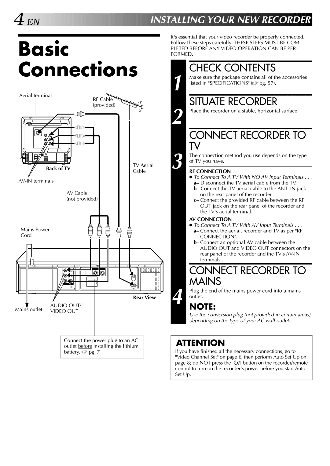 JVC HR-S5700AM, LPT0428-001A specifications Basic Connections, Check Contents, Situate Recorder, Mains 