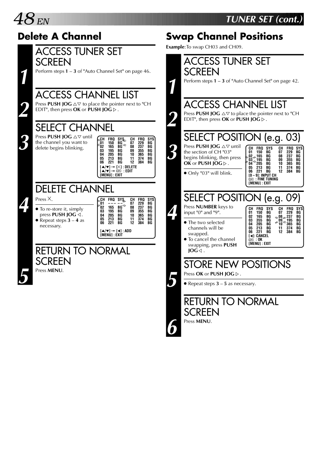 JVC HR-S5700AM, LPT0428-001A specifications Access Channel List, EN Tuner SET, Delete a Channel, Swap Channel Positions 