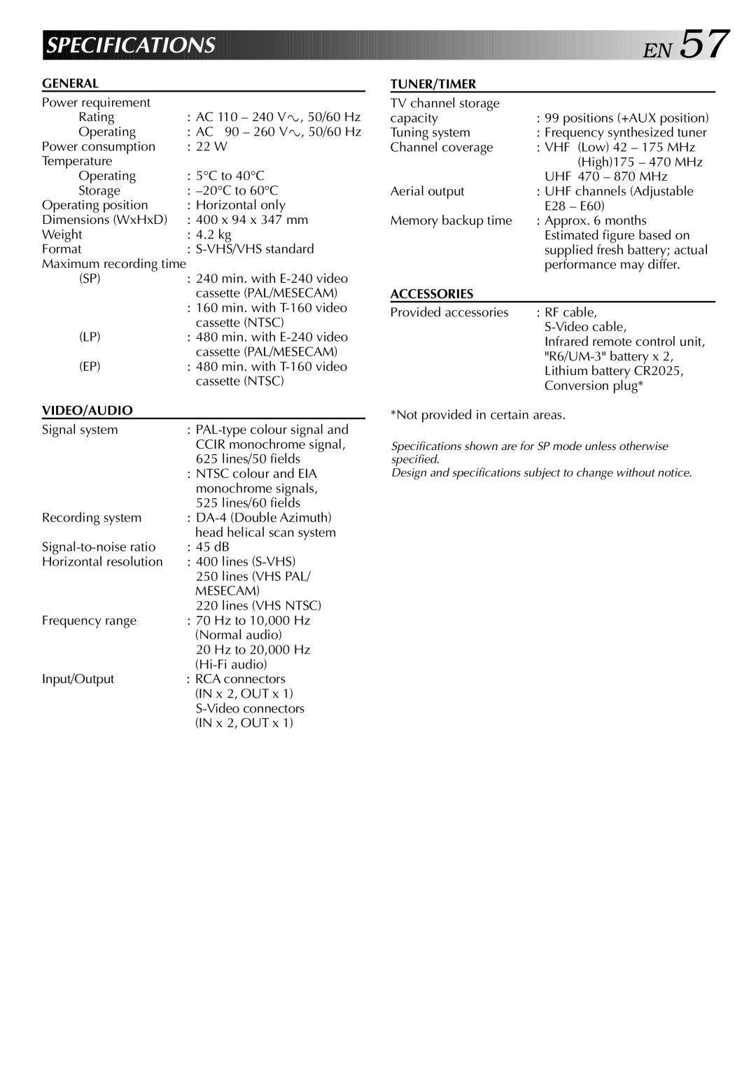 JVC LPT0428-001A, HR-S5700AM specifications Specification S, Maximum recording time, Supplied fresh battery actual 