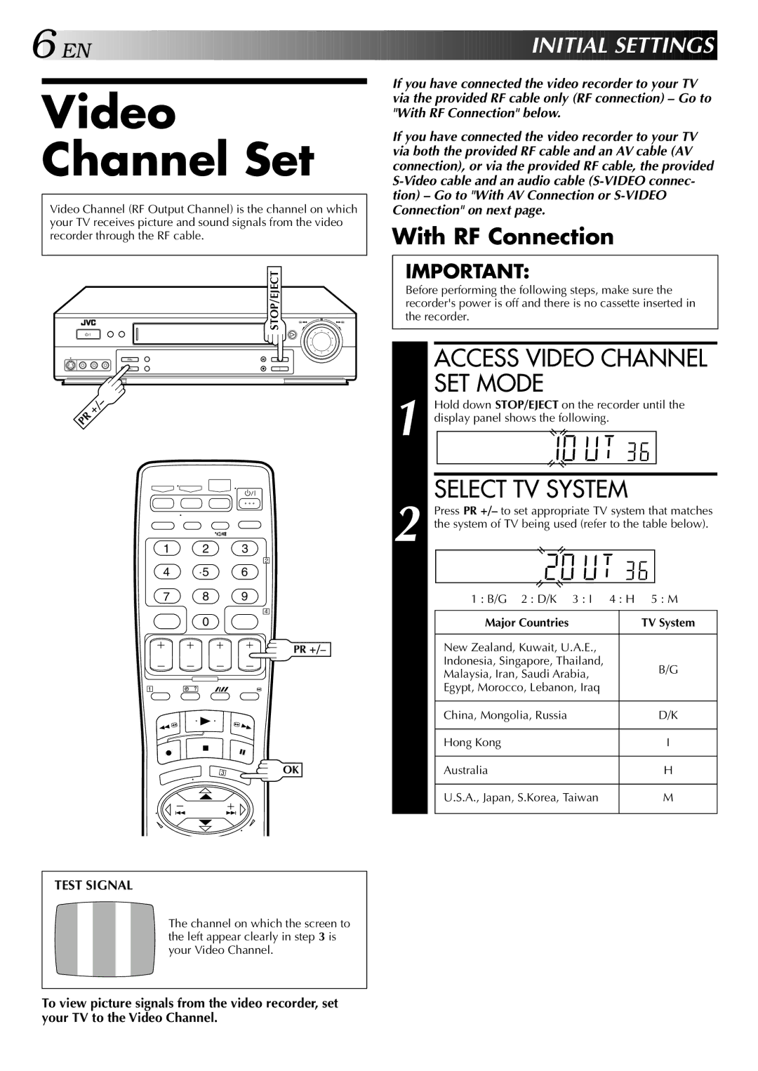 JVC HR-S5700AM Video Channel Set, Access Video Channel SET Mode, EN Initial Sett Ings, With RF Connection, Major Countries 