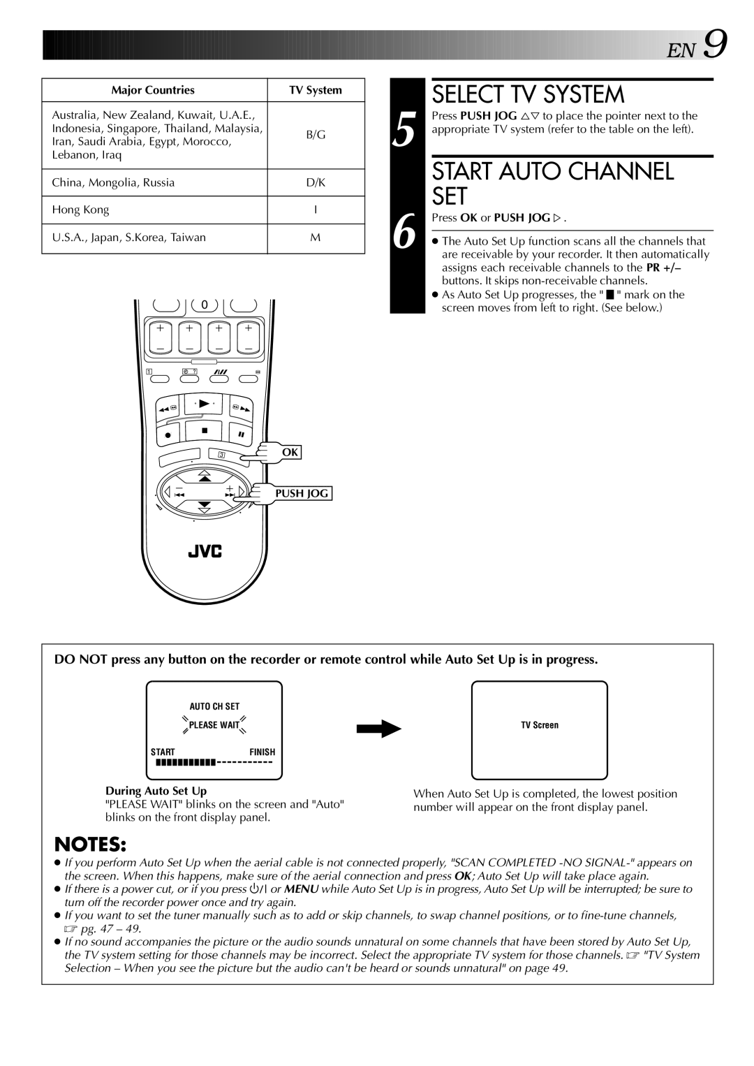 JVC LPT0428-001A, HR-S5700AM Select TV System, Start Auto Channel SET, Major Countries TV System, Press OK or Push JOG ﬁ 
